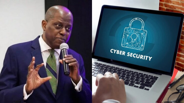Governor, Central Bank of Nigeria, Yemi Cardoso and  Cybersecurity Icon on a Laptop
